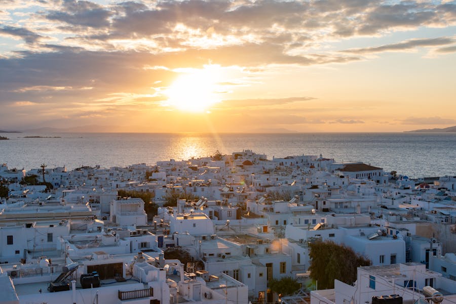 Aerial view of Mykonos island coastline and harbour